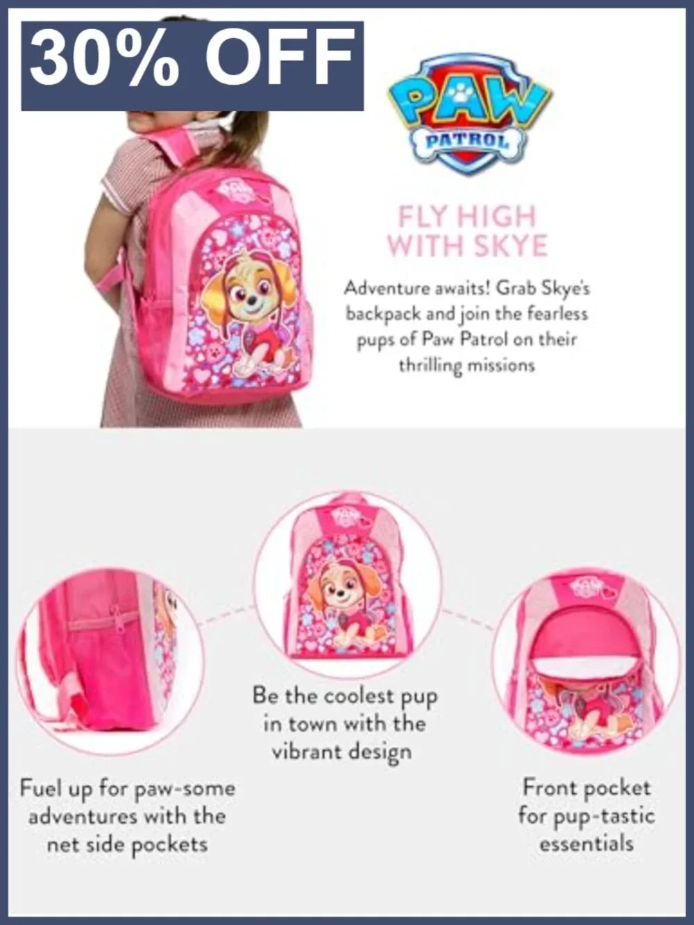 Paw Patrol Skye Daypack Backpack for Kids, Adjustable Straps, 3 Pockets, School